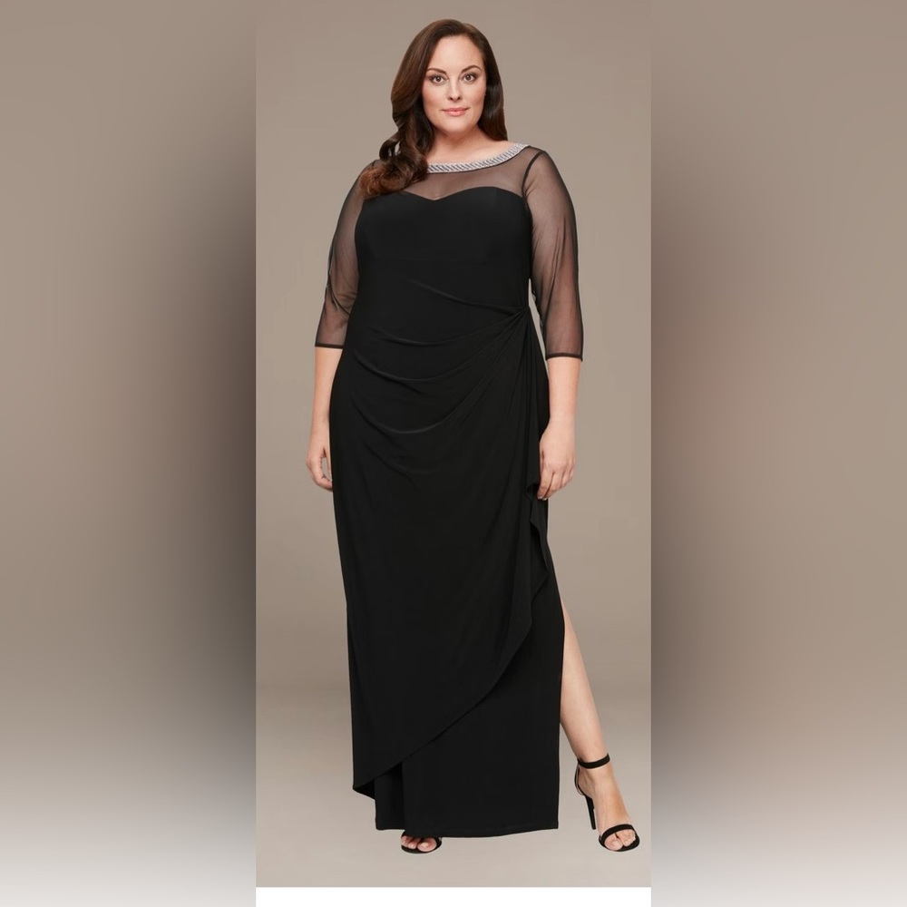 Alex Evenings Black Side Ruched Long Dress 18W with Embellished Silver Neckline - Picture 6 of 10
